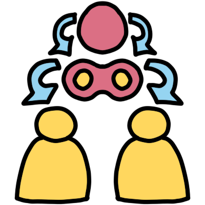 light blue arrows point from a dark pink circle-ish shape to the shape splitting into two, with smaller yellow circles inside them, to two yellow figures.